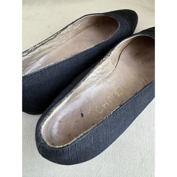 Chanel Ballet Flats Ballerina 37.5 Black Satin Denim Leather Cap Toe - Picture 3 of 11